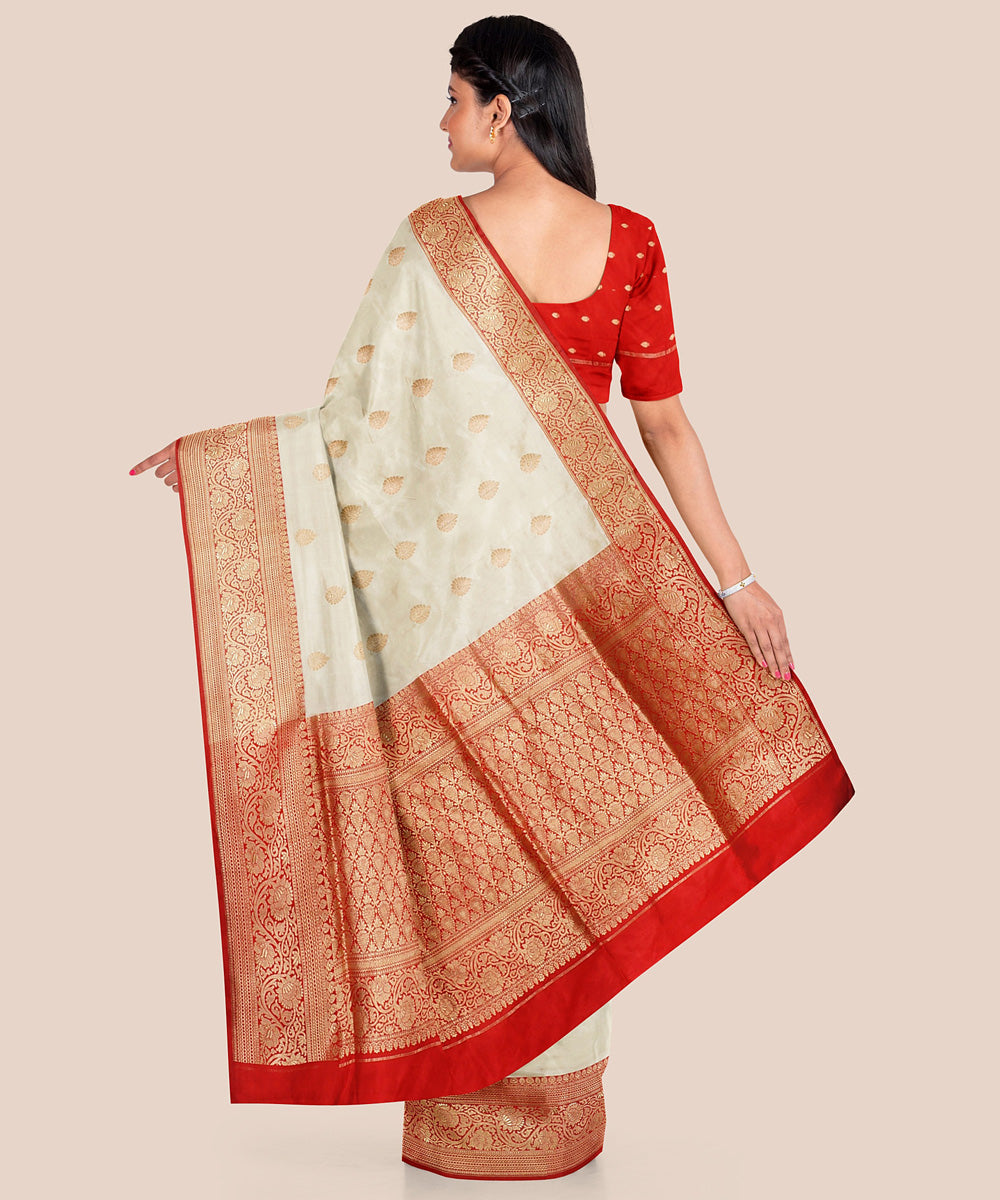Cream and red silk handloom banarasi saree