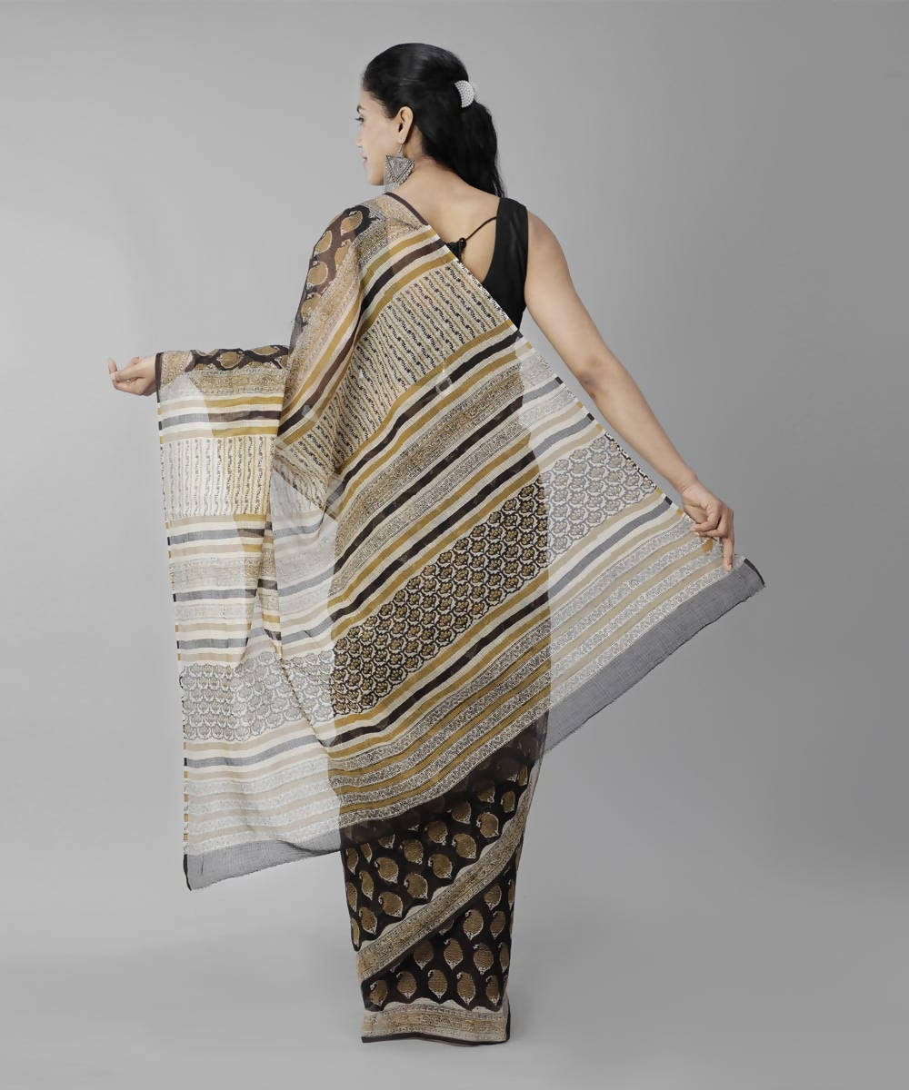 Black beige bagru handblock printed cotton saree