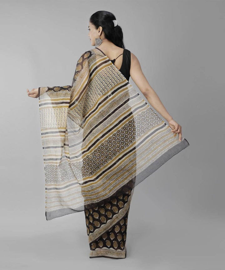 Black beige bagru handblock printed cotton saree