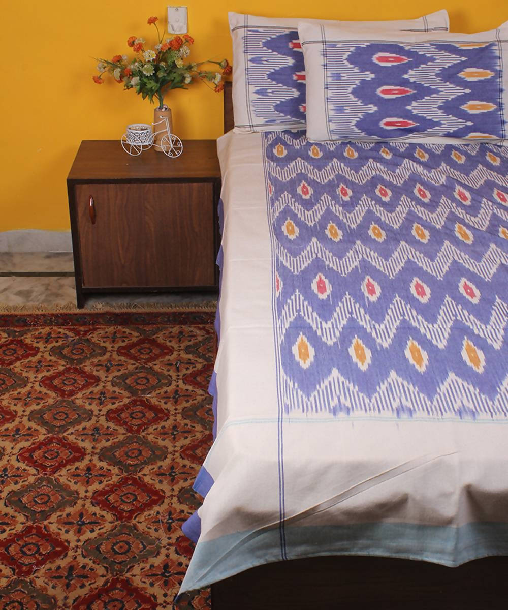 Blue White Handloom Ikkat Doulbe Cot Bedsheet