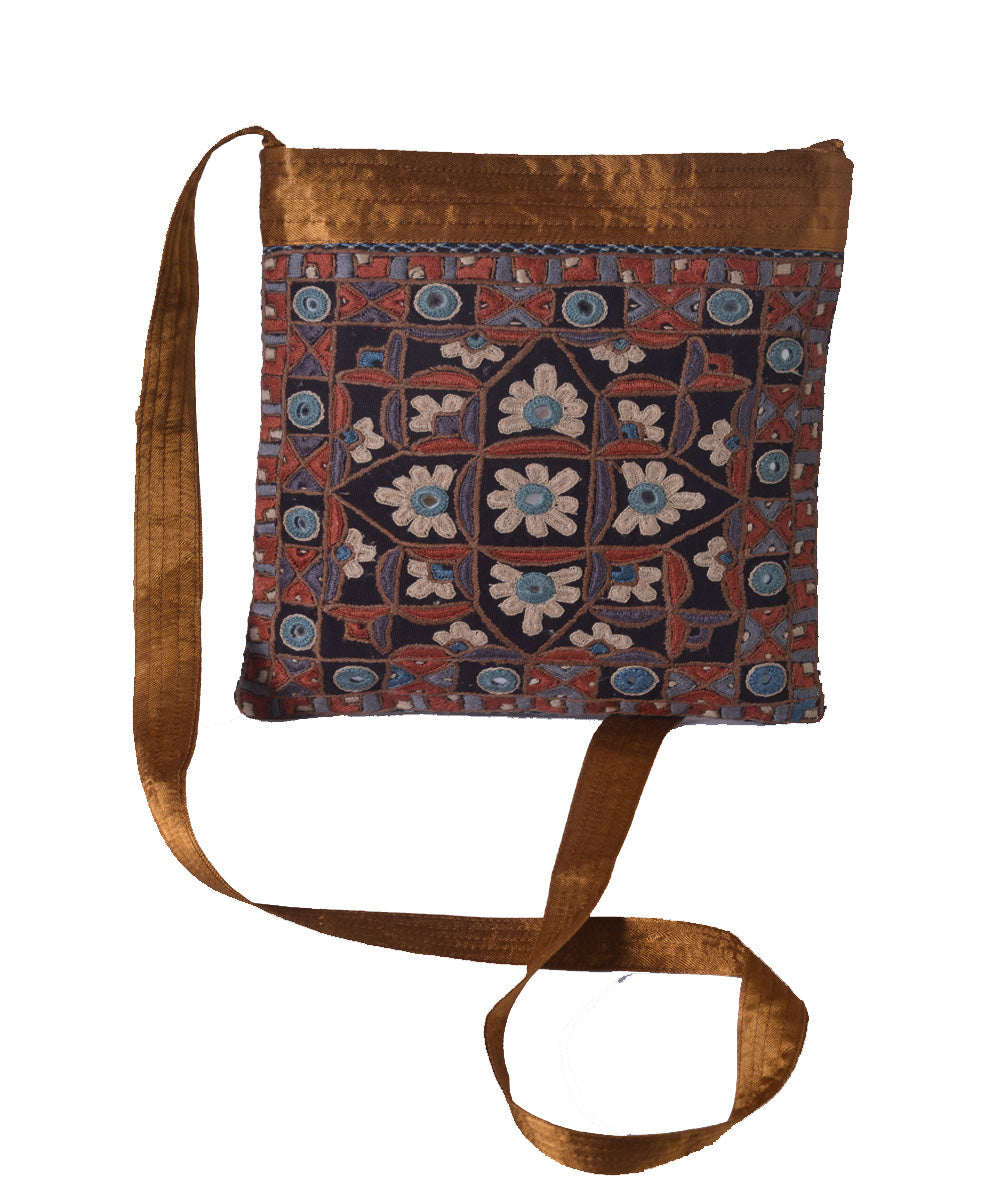 Rust multicolor hand embroidered mashroo cross body bag