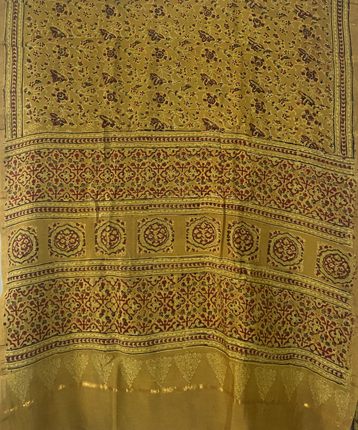 Yellow hand block print chanderi cotton silk ajrakh saree