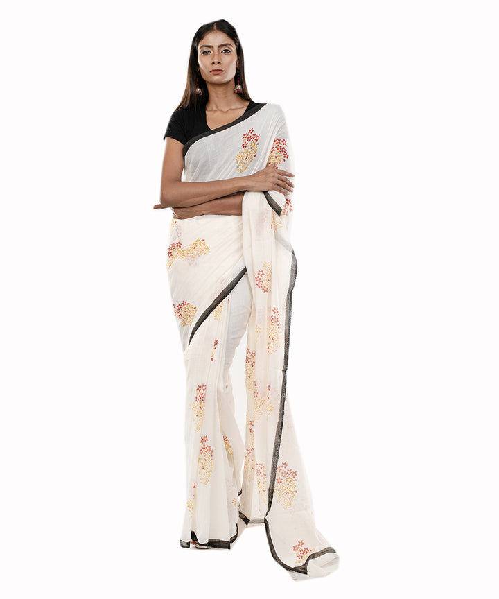 White and red handblock printed bengal cotton saree