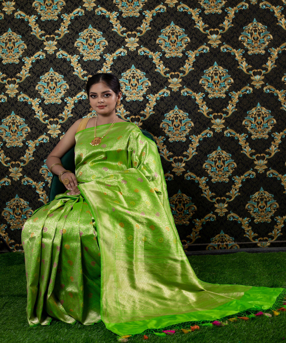 Light green handloom silk kadua booti banarasi saree