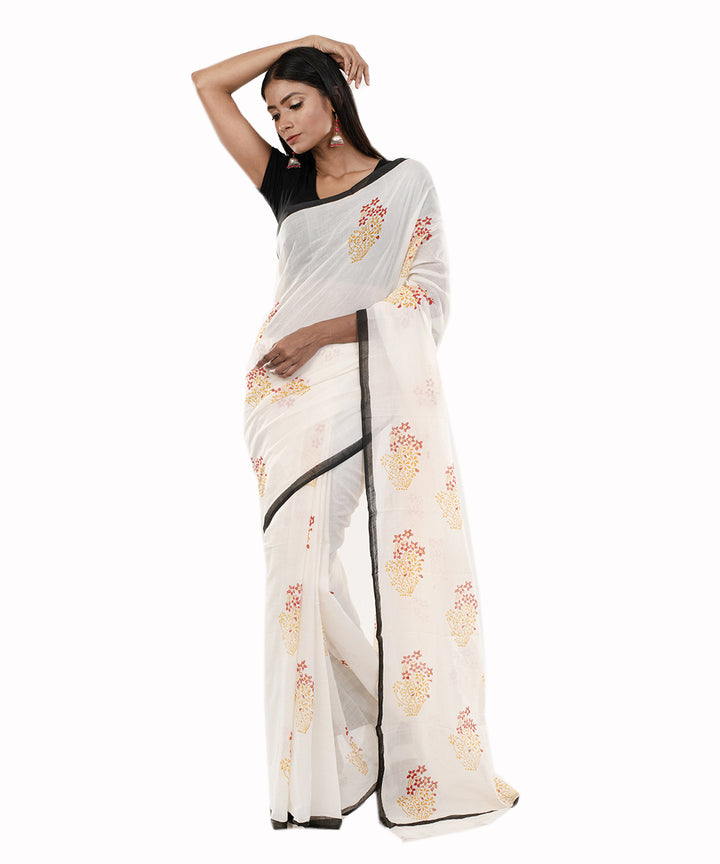 White and red handblock printed bengal cotton saree