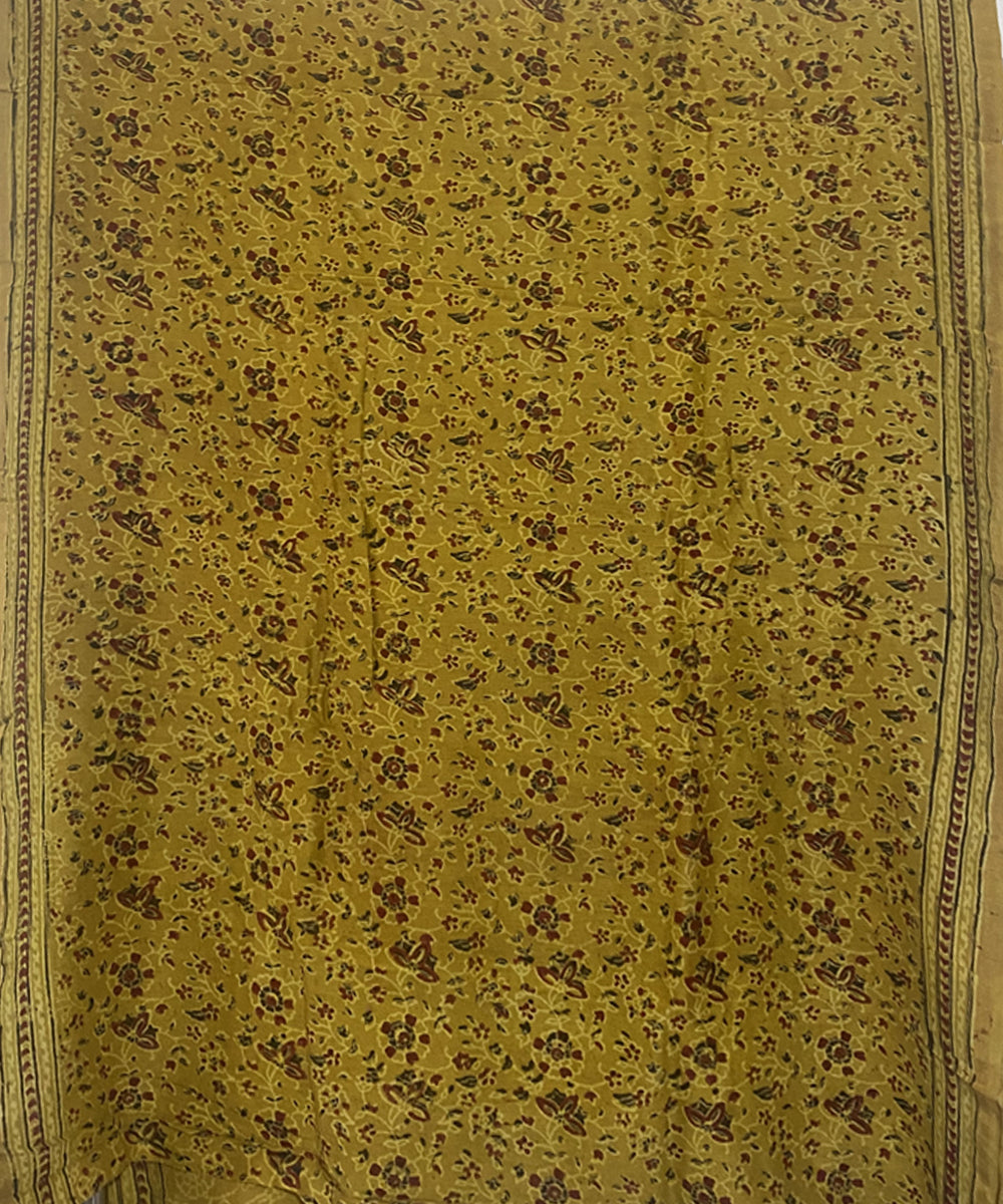 Yellow hand block print chanderi cotton silk ajrakh saree
