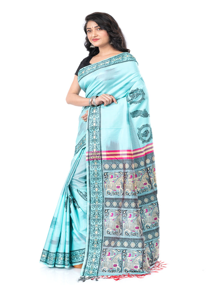 Cyan blue handwoven malda silk ikat border swarnachari baluchari saree