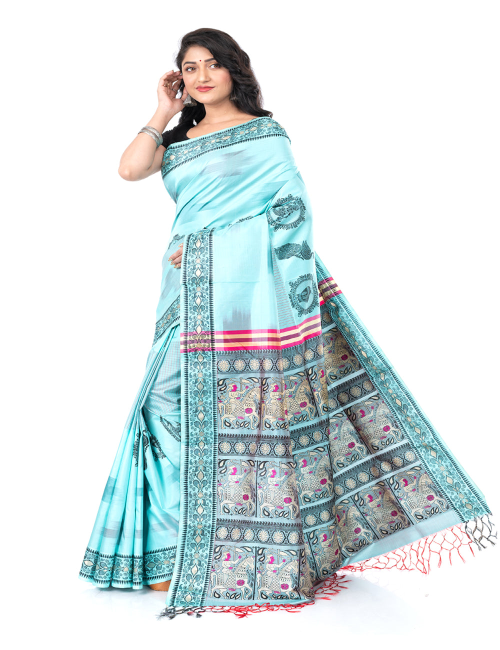 Cyan blue handwoven malda silk ikat border swarnachari baluchari saree