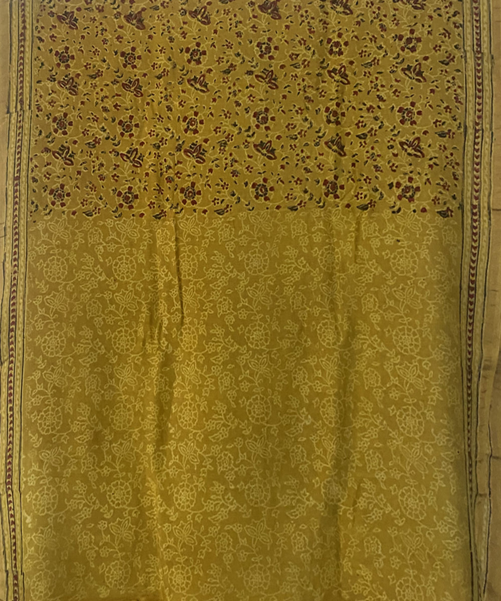 Yellow hand block print chanderi cotton silk ajrakh saree