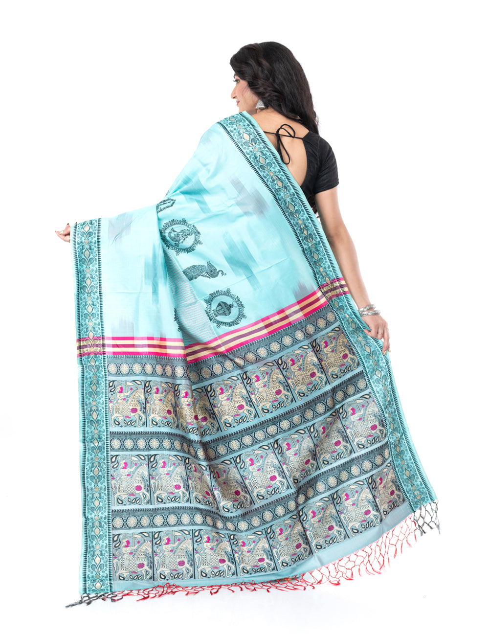 Cyan blue handwoven malda silk ikat border swarnachari baluchari saree