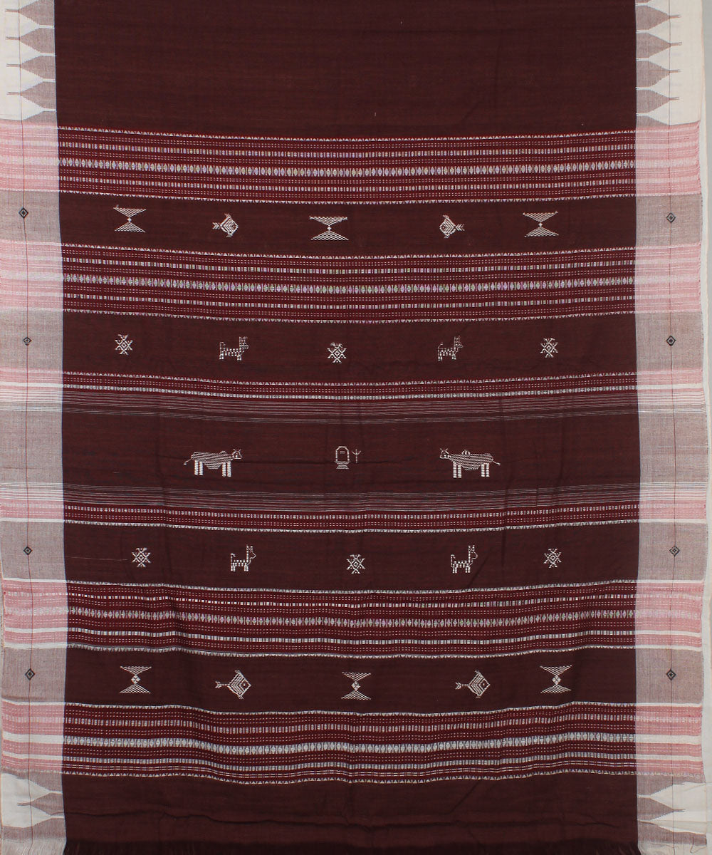 Brown white natural dye cotton handwoven kotpad saree