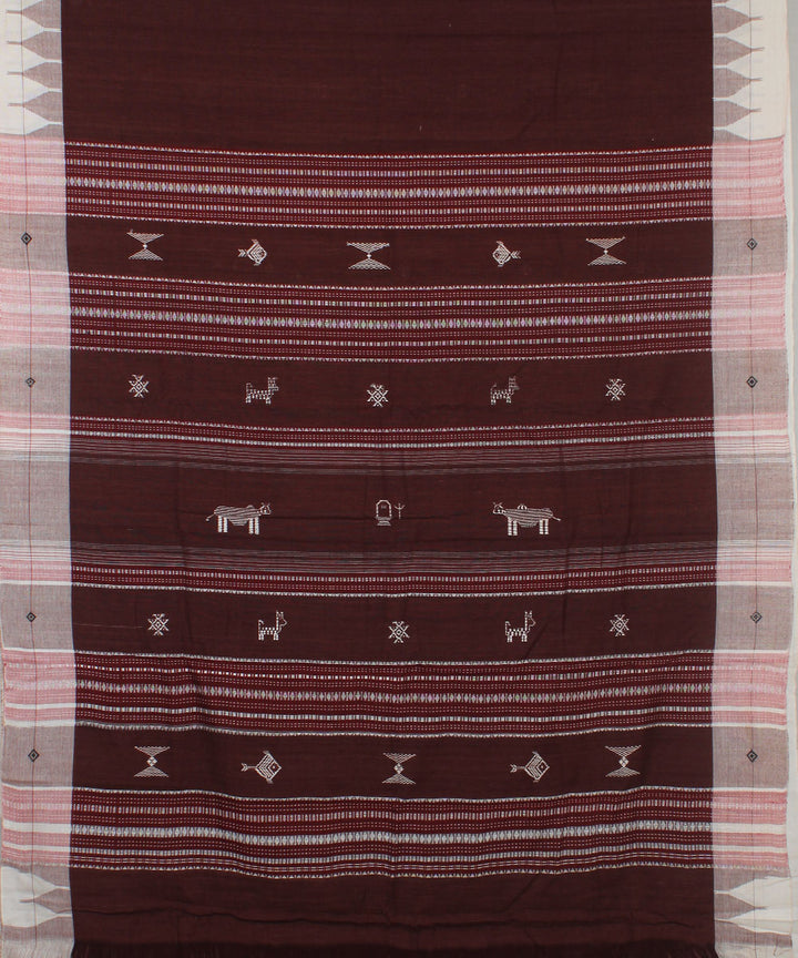 Brown white natural dye cotton handwoven kotpad saree