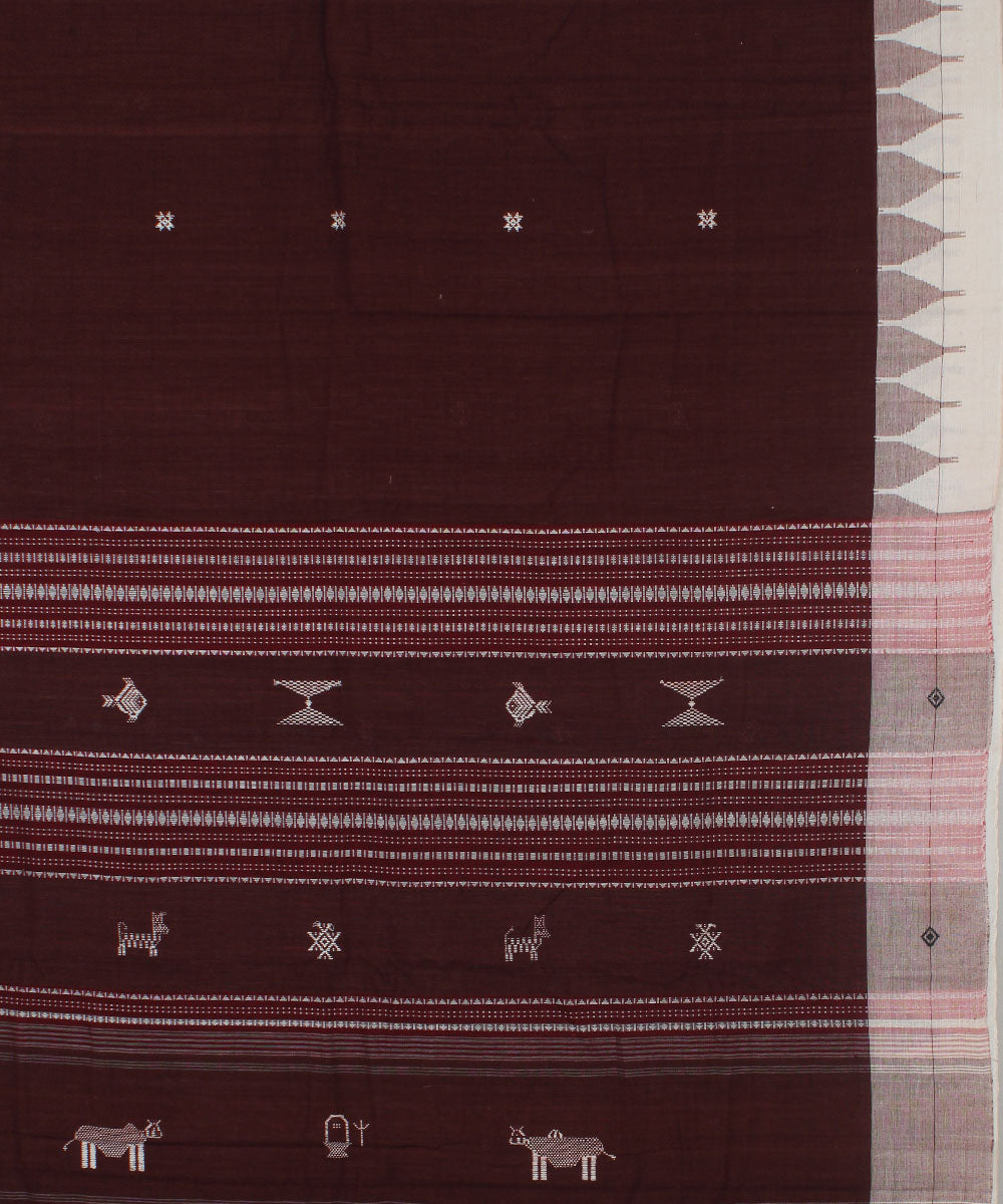 Brown white natural dye cotton handwoven kotpad saree
