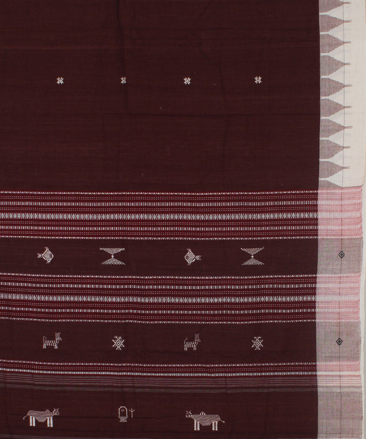 Brown white natural dye cotton handwoven kotpad saree