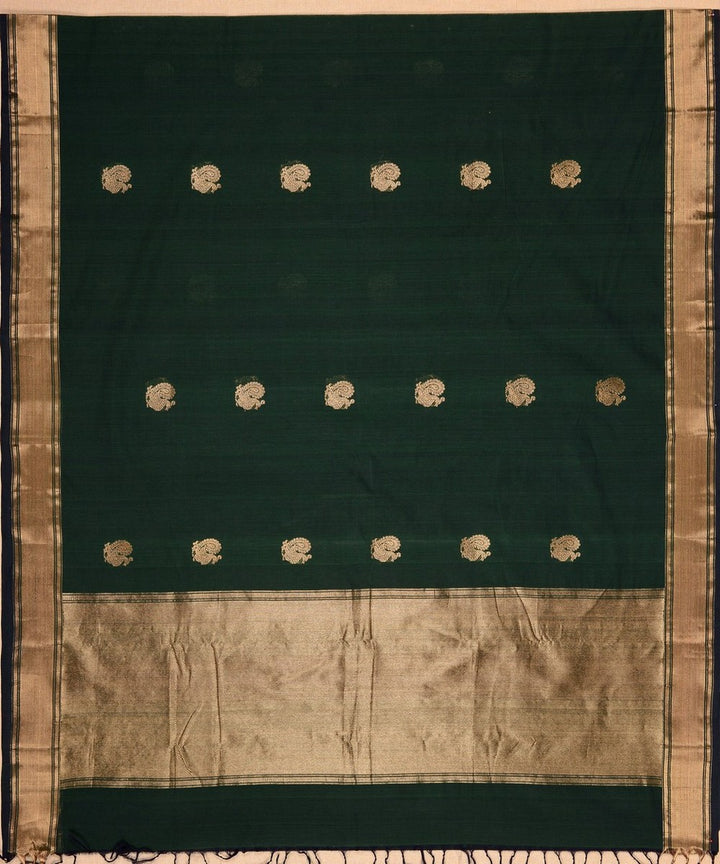 Dark green zari butta handwoven cotton kanchi saree