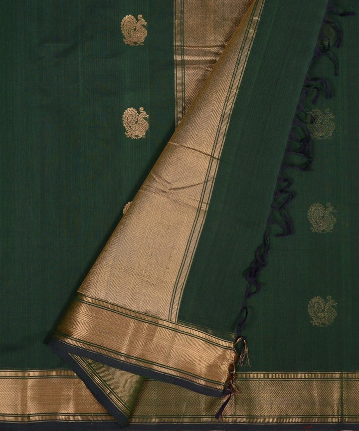 Dark green zari butta handwoven cotton kanchi saree