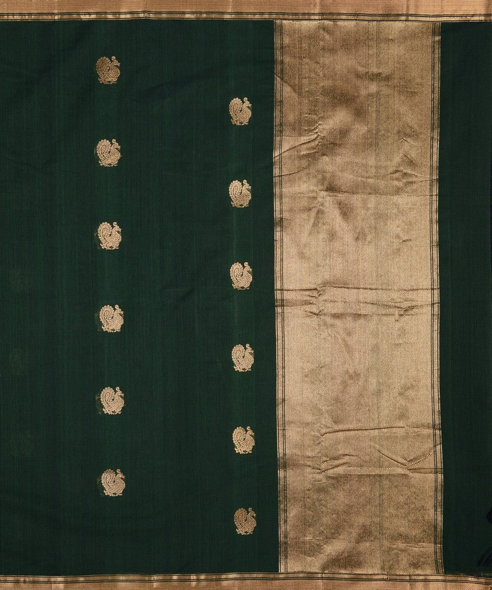 Dark green zari butta handwoven cotton kanchi saree