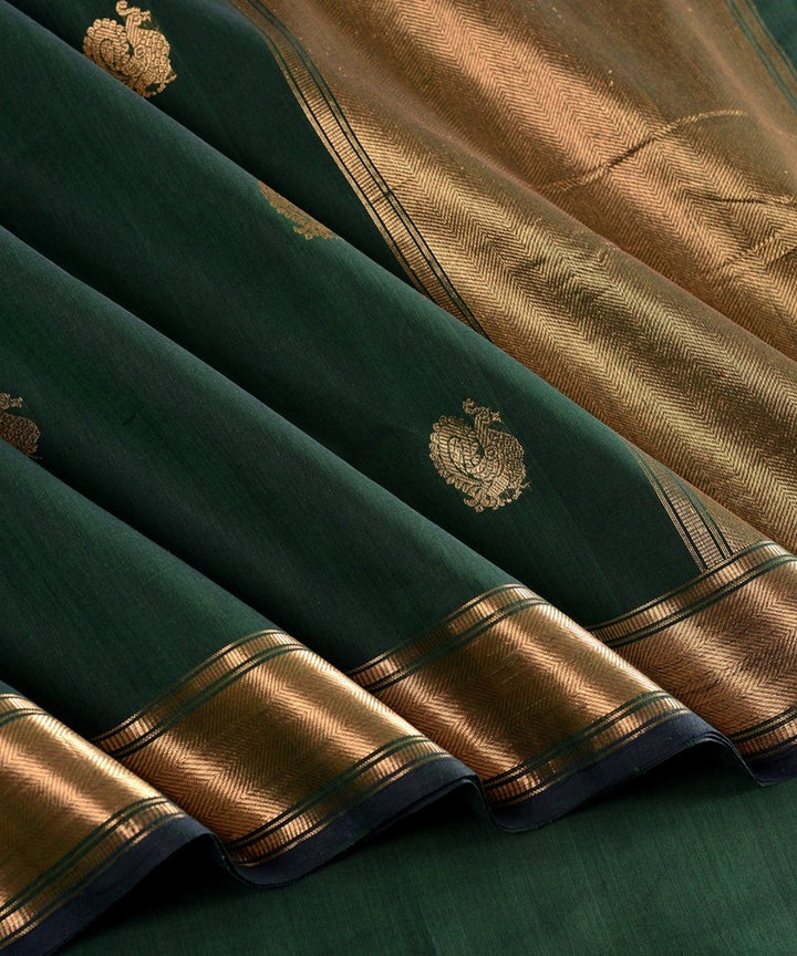 Dark green zari butta handwoven cotton kanchi saree