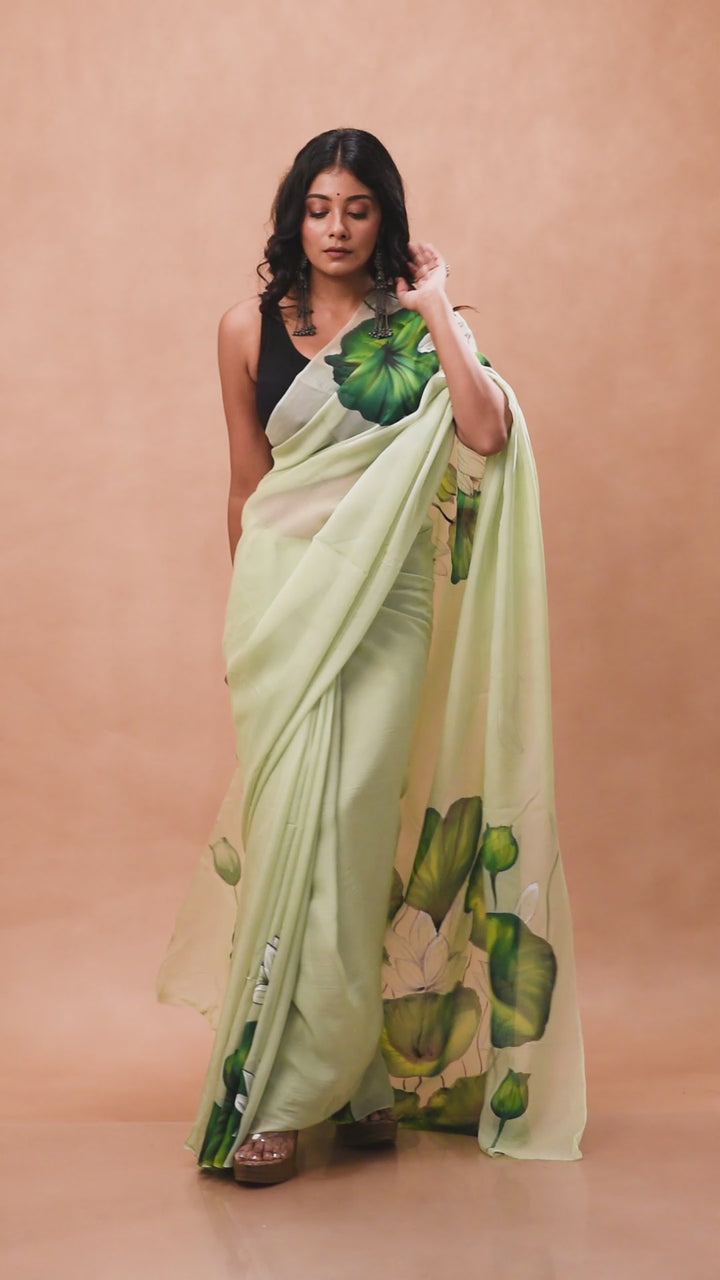 Light green handwoven organza silk hand painted saree