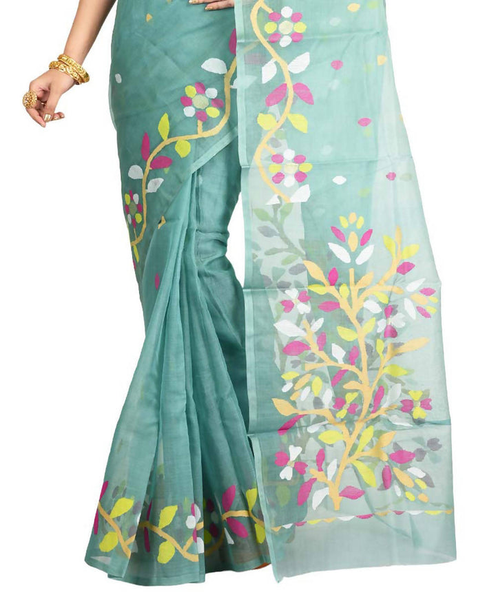 Resham shilpi cyan green bengal silk saree with handwoven jamdani work