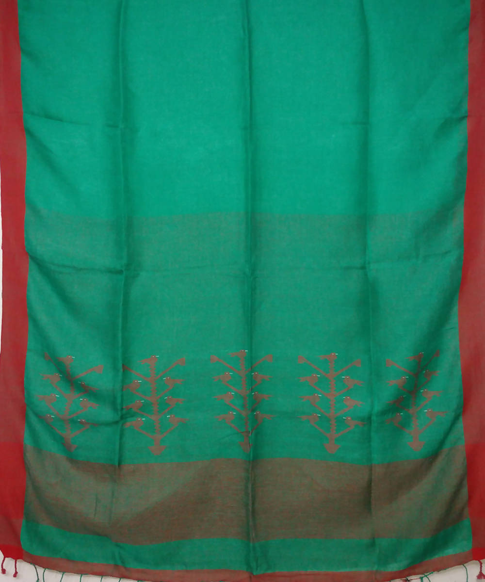 Handwoven bengal jamdani linen green and maroon saree