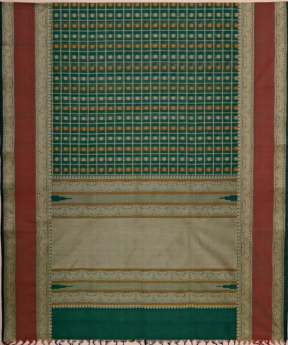 Dark green checks hand woven kanchi cotton saree