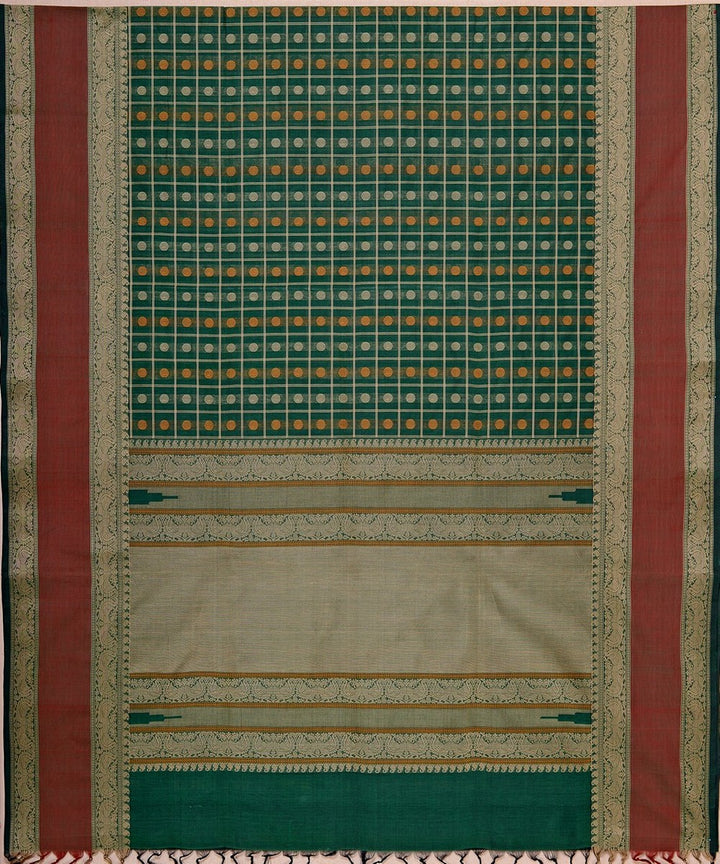 Dark green checks hand woven kanchi cotton saree