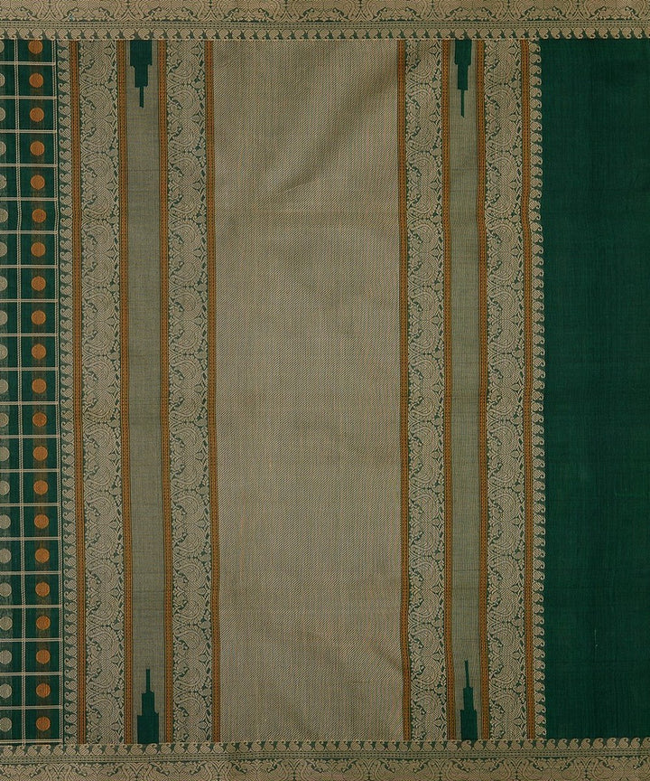 Dark green checks hand woven kanchi cotton saree