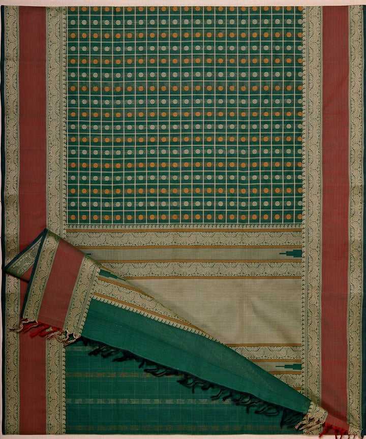 Dark green checks hand woven kanchi cotton saree