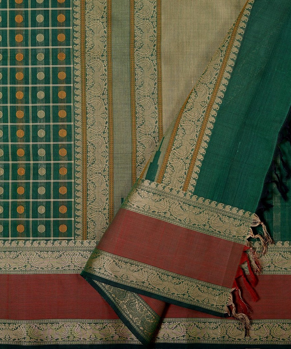 Dark green checks hand woven kanchi cotton saree