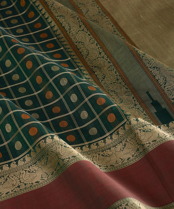 Dark green checks hand woven kanchi cotton saree