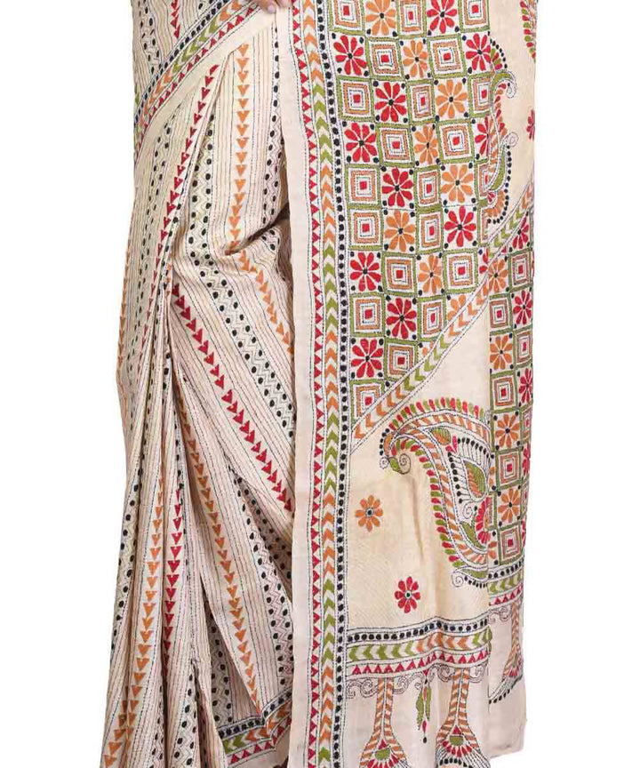 Cream bengal kantha stitch hand embroidery tussar silk saree