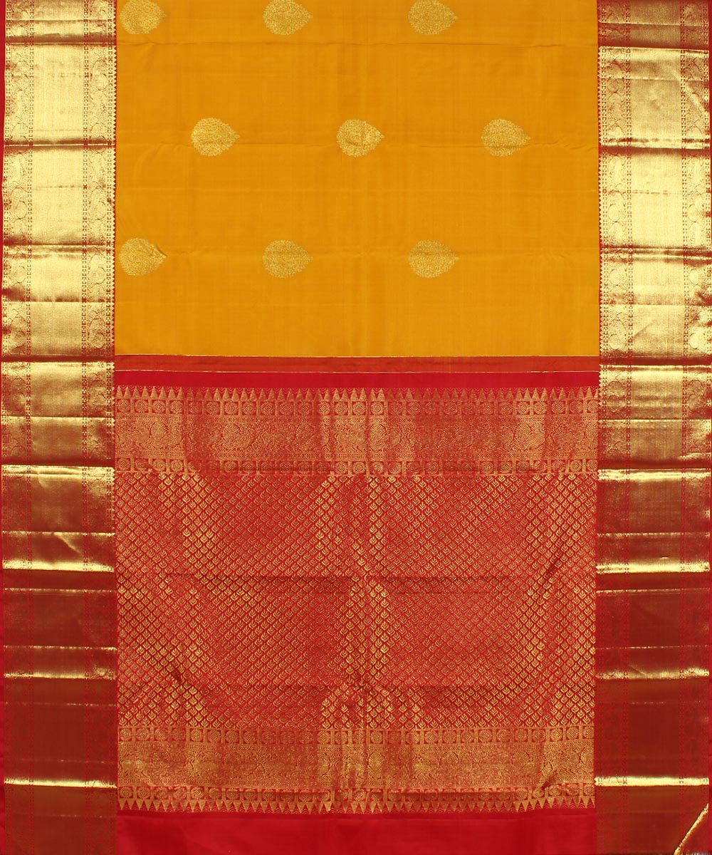 Yellow mustard red handwoven karnataka silk saree