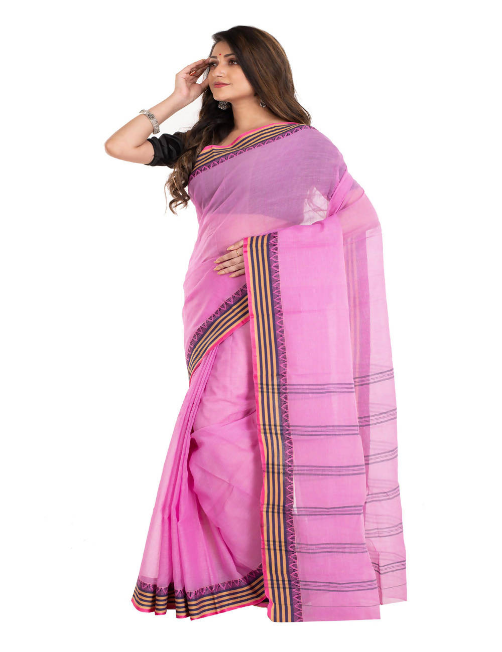 Light pink bengal dhaniakali cotton handwoven saree