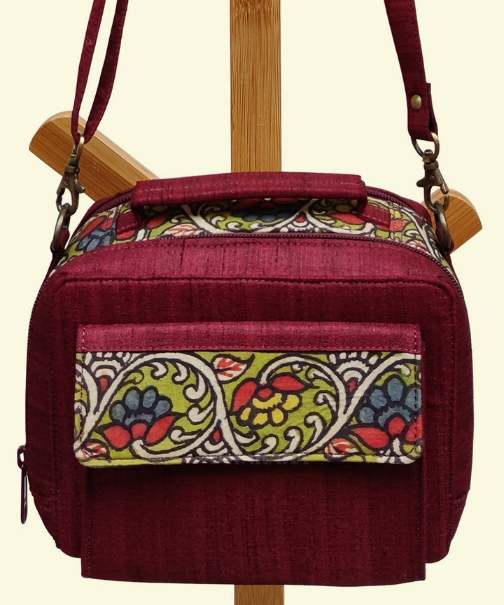 Maroon ghicha silk hand painted kalamkari box sling bag