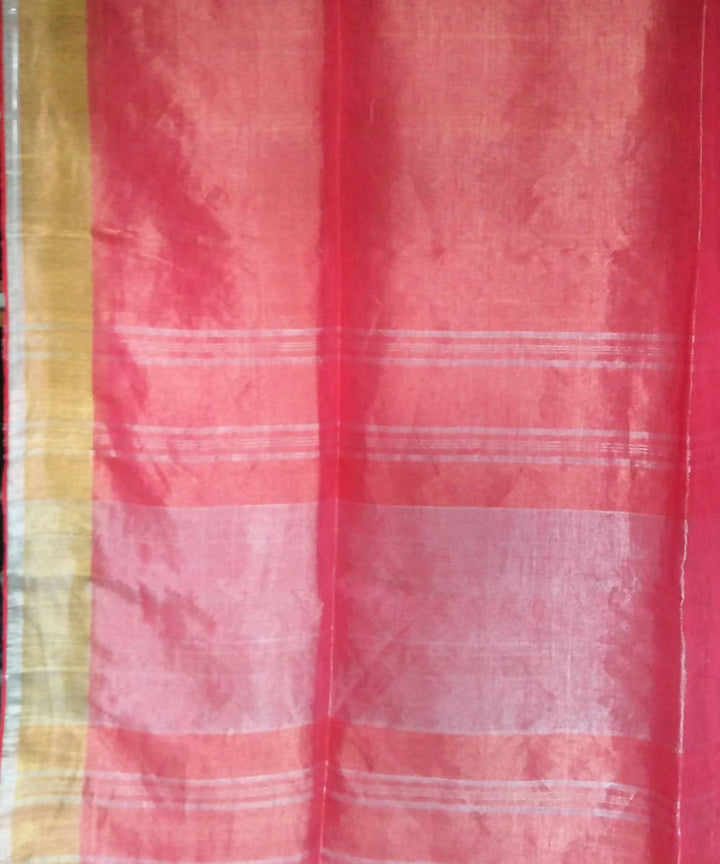 Peach pink and zari bengal handwoven linen saree