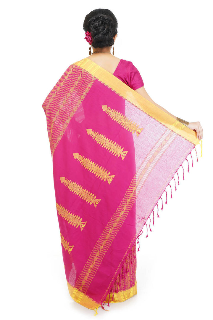 Handloom bengal pink yellow cotton saree