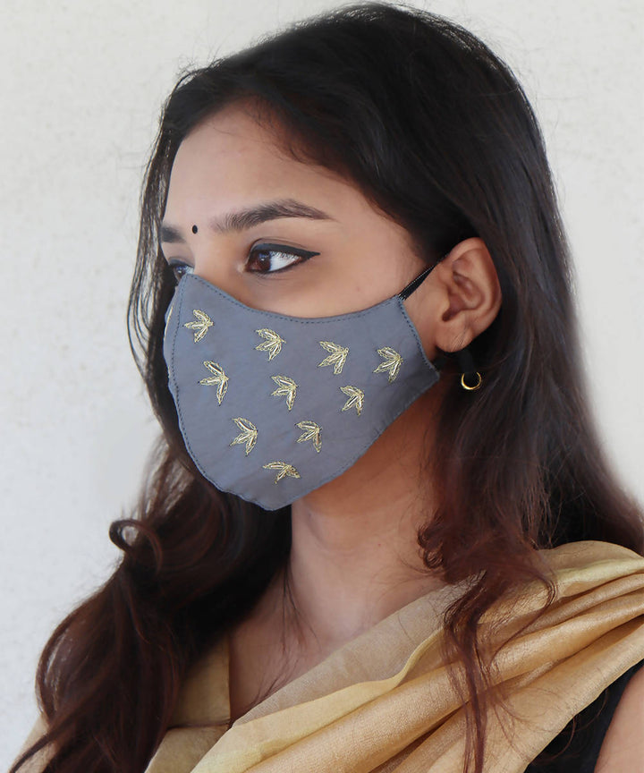 Grey festive hand embroidery face mask