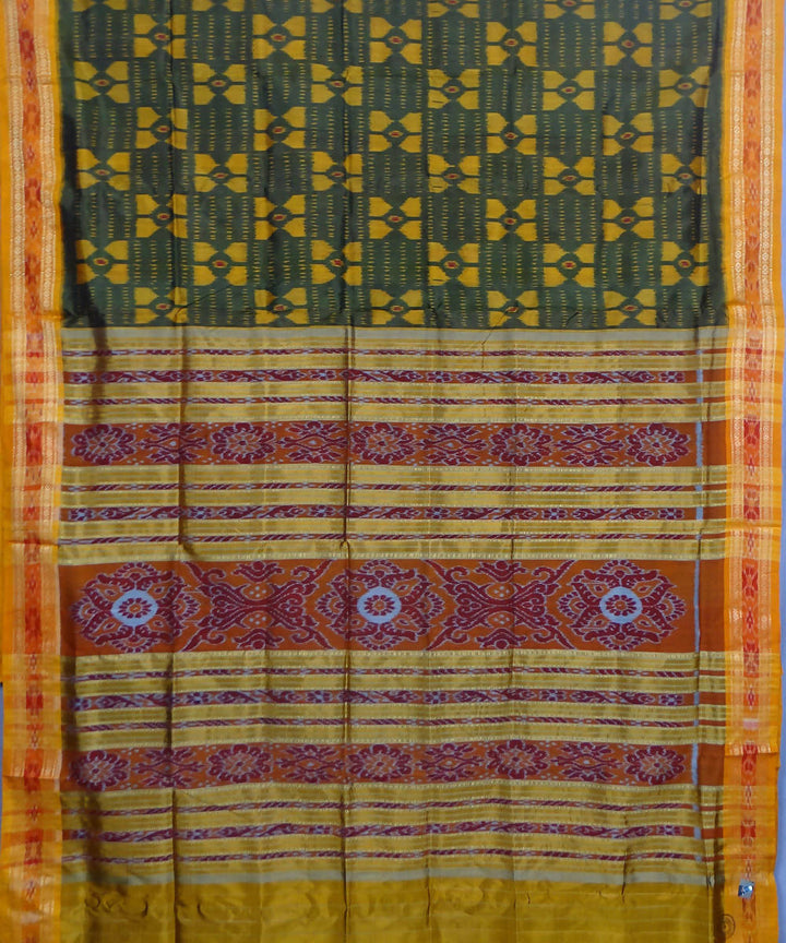 Dark green yellow handwoven silk khandua saree
