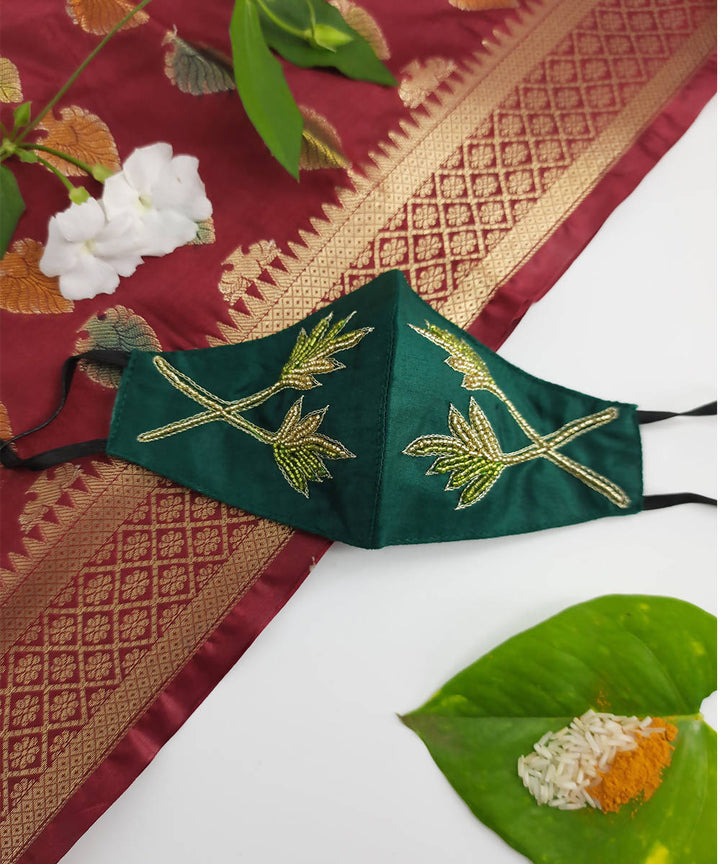 Green festive hand embroidery face mask