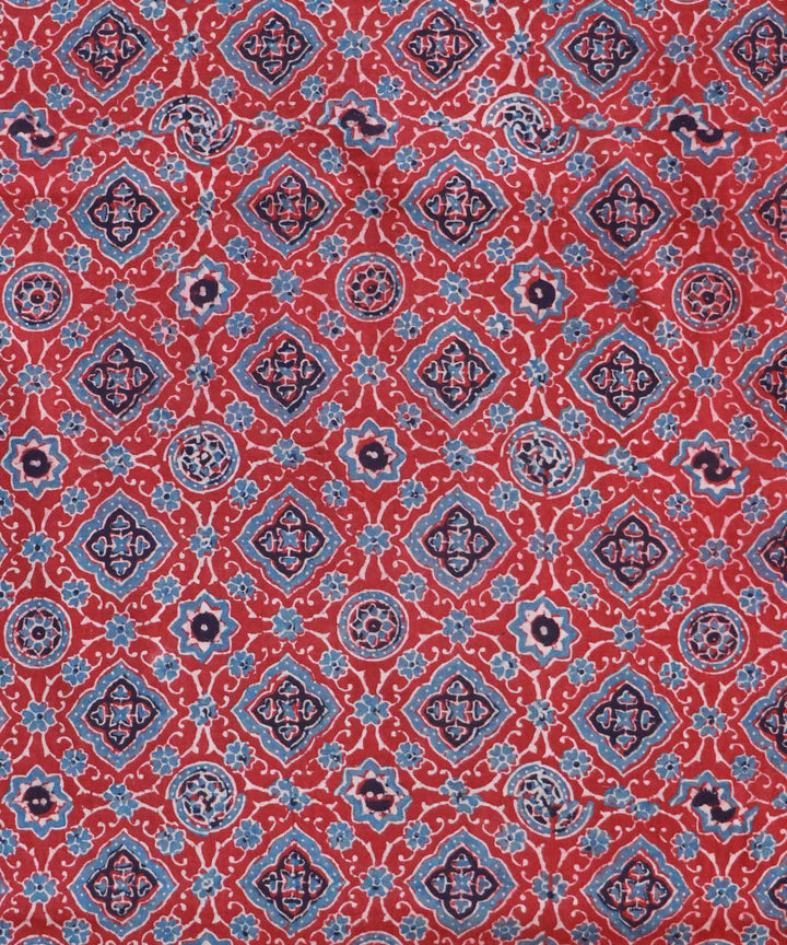 Powder blue red natural dye hand block printed cotton fabric