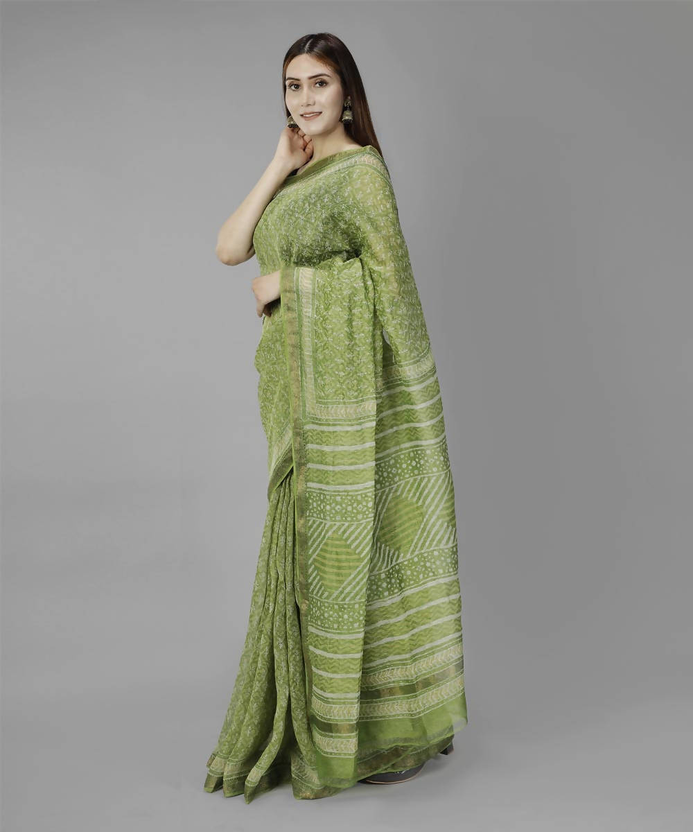 Spring green bagru handblock printed linen saree