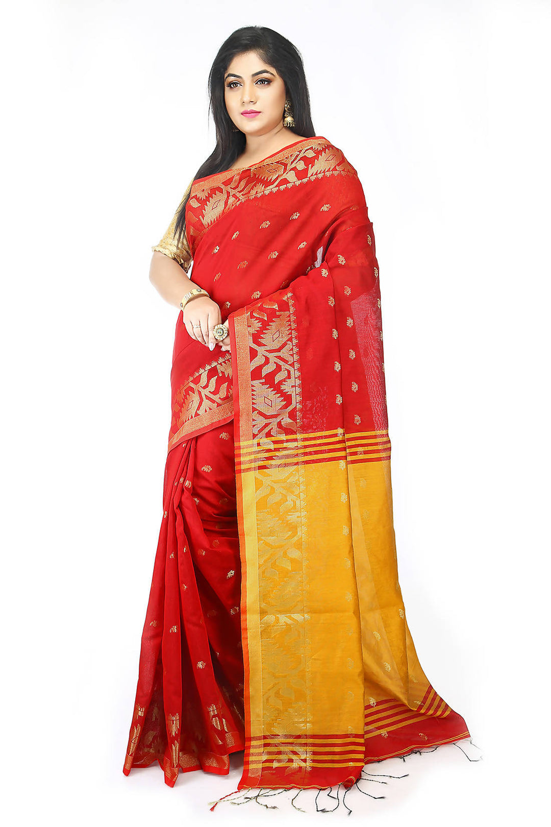 Red yellow bengal handloom extraweft work saree