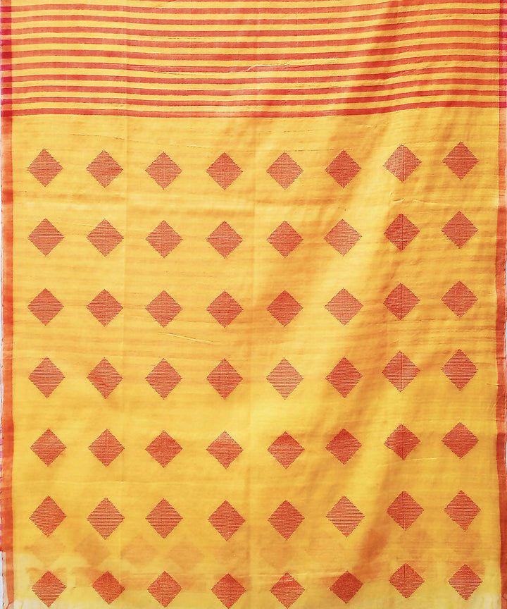 Red yellow handwoven extra weft cotton silk saree