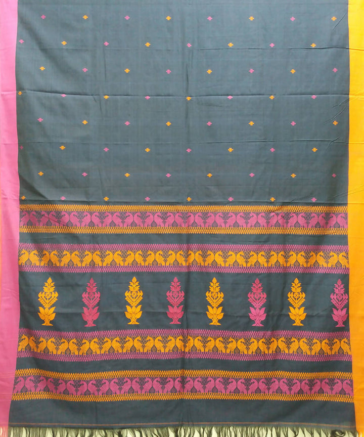 Dark navy blue handspun handwoven cotton bengal saree