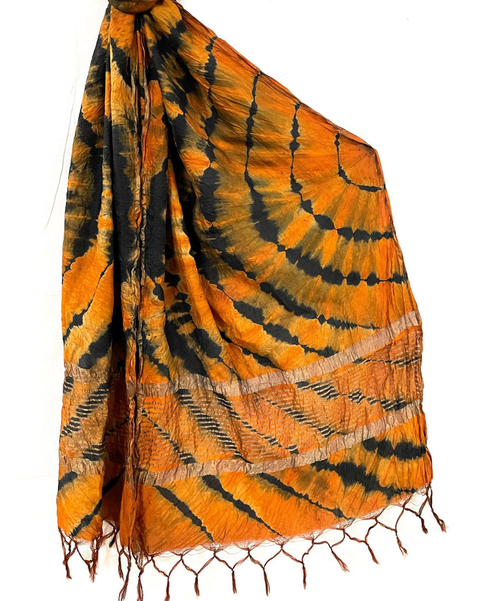 Tangerine black handloom tie dye tussar silk stole