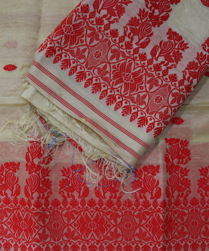 White red raw silk handwoven assam mekhela chador