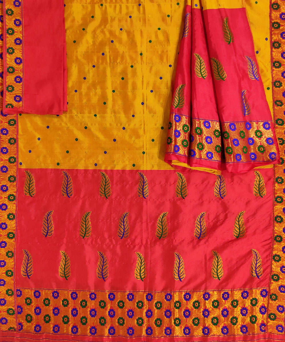Orange red silk handloom assam mekhela chador