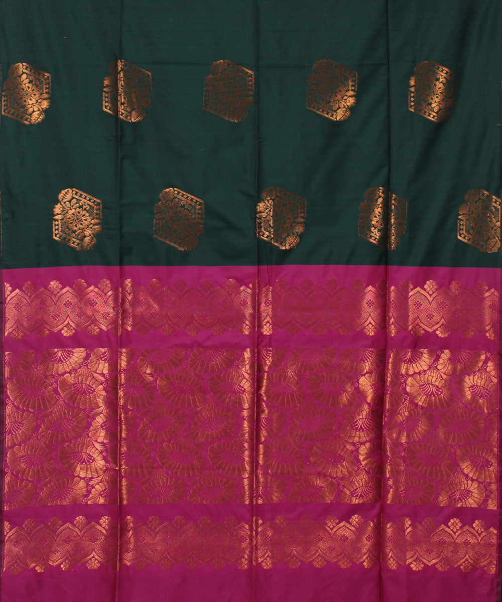 Dark green pink handwoven Karnataka soft silk saree