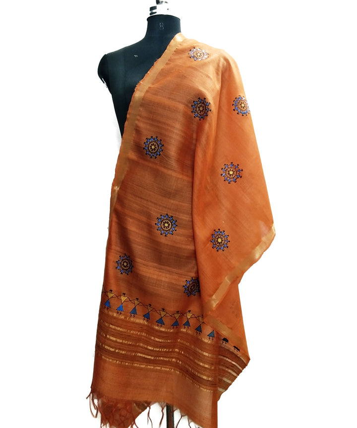 Godana art hand painted orange golden silk dupatta